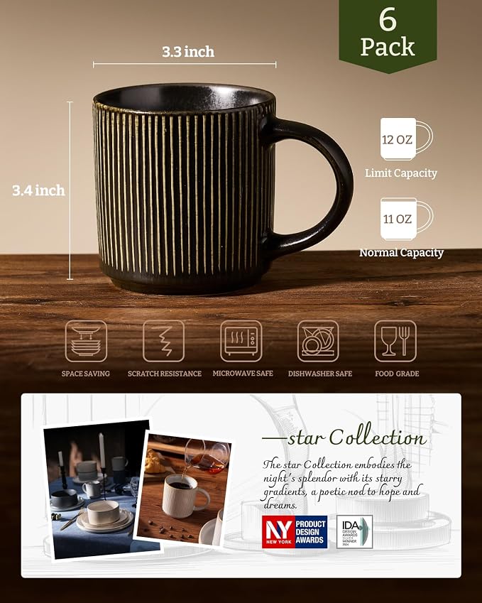 famiware Coffee Mug Set for 6, Star 12 oz Catering Mugs Cup Set with Handle for Coffee, Tea, Cocoa, Milk - Ceramic Stoneware Drinkware Set, Black - Image 6