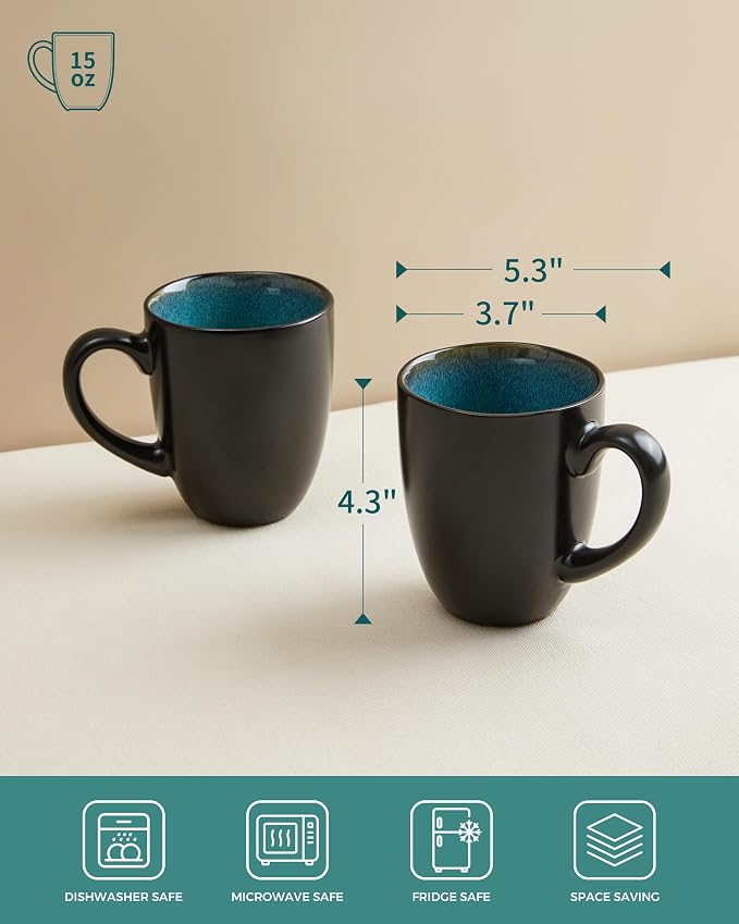Pokini Coffee Mug 15 oz, Ceramic Coffee Mugs Set of 4, Reactive Glaze Mug for Latte/Tea/Cappuccino/Milk, Irregular Large Mug Set for Men, Women, Dad, Mom, Dishwasher & Microwave Safe, Green Black - Image 2
