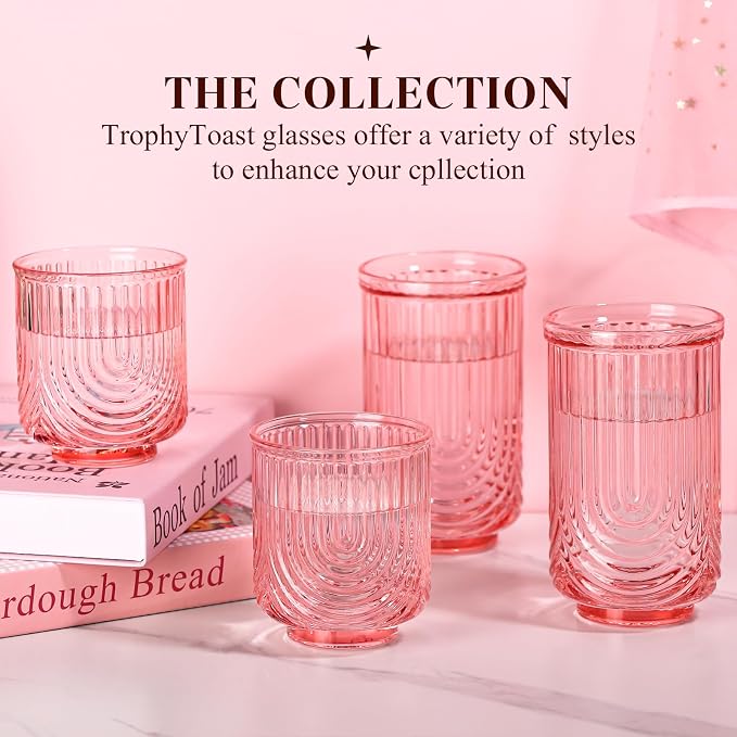 Pink Vintage Drinking Glasses Set of 6-17oz Hand-Blown Highball Ribbed Glassware, Arch Design Cocktail Glasses for Whiskey Water Beverages Ice Coffee Juice Milk - Image 7