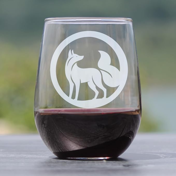 Kitsune Fox Etched 17oz Stemless Wine Glass | Japanese Mythology Engraved Glassware - Image 2