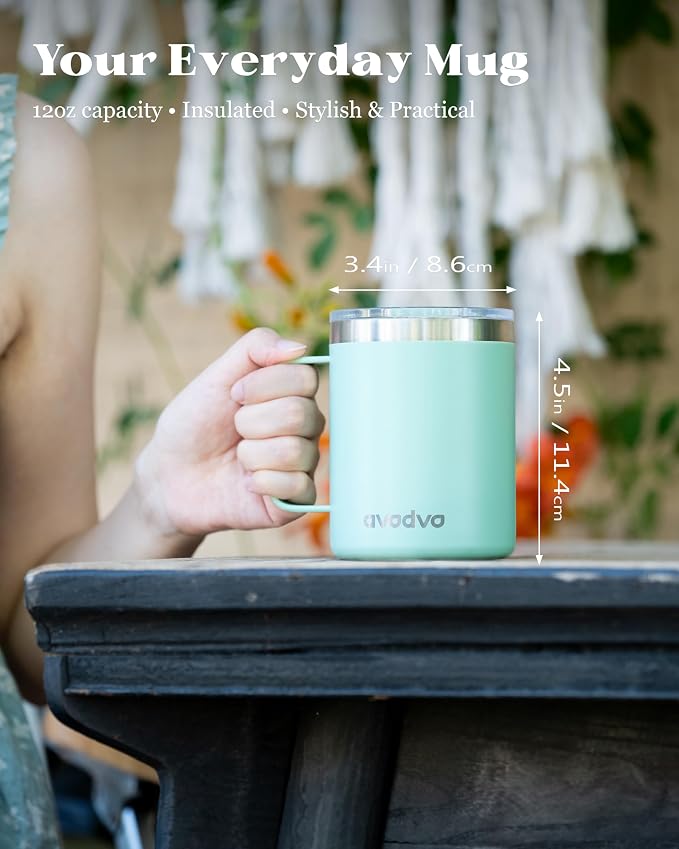 12oz Insulated Coffee Mug with Lid – Includes Two Lids, Stainless Steel Coffee Travel Mug with Handle, Double Wall Vacuum Insulated Camping Mug for Home, Office & Outdoor, Mint Green - Image 4