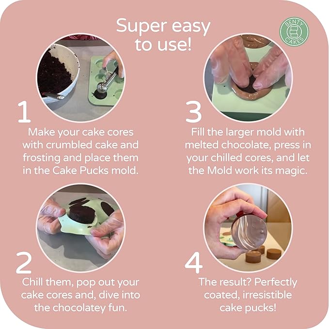 Benty Cakes – The Original CakePuck Mold Set – Better than a Cake Pop! Make Chocolate Covered Desserts – BPA Free Silicone – Includes 1 Mold Set, 1 Plastic Tray and 1 Scraper – Pink