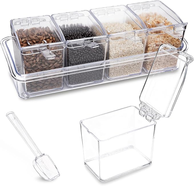 Clear Seasoning Box, 4 Pieces Seasoning Rack Spice Pots, Storage Container Condiment Jars Acrylic Seasoning Box with Covers and Spoons for Spice, Sugar, Salt, Sugar, Cardamon, Cinnamon by Unknown
