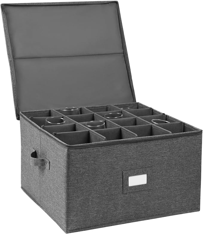 Stemware Storage Cases, Wine Glass Storage Box Containers with Dividers | Glassware Storage Containers for Glassware or Crystal, Holds 16 Red or White Wine Glasses, Hard Top and Stackable (Grey) by popoly