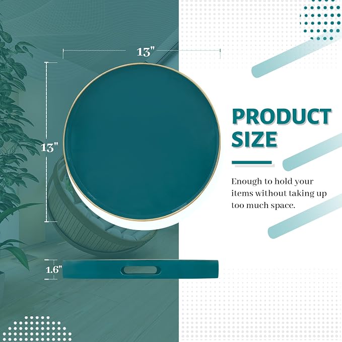 MAONAME 13" Teal Decorative Tray, Plastic Round Serving Tray with Handles | Green Decorative Tray for Coffee Table, Modern Ottoman Tray, Circle Tea Tray, Round Melamine Tray for Living Room, Bathroom - Image 2