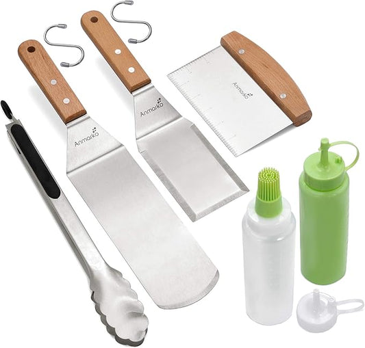 Metal Spatula Set Stainless Steel and Scraper - Professional Chef Griddle Spatulas Set of 6 - Heavy Duty Accessories Great for Cast Iron BBQ Flat Top Grill Skillet Pan