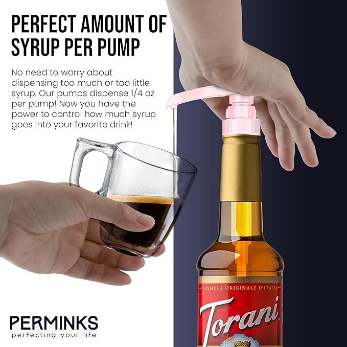 Premium Syrup Pump Compatible with Torani 750 ml Bottle, Davinci Syrups - No Spill, No Clog Syrup Pump Dispenser for Vanilla, Snow Cone, Blueberry, Coffee Flavoring & More (Pack of 6, Pink)