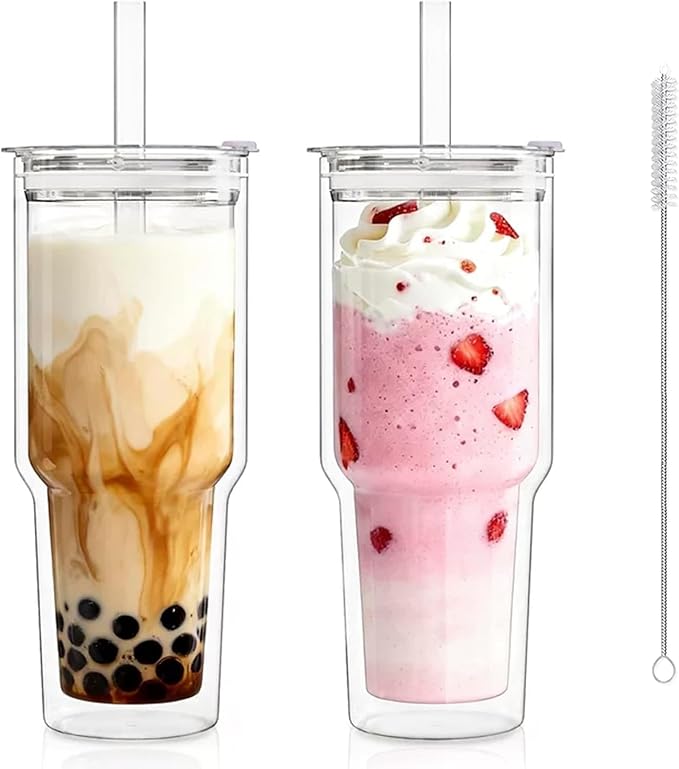 KEMORELA 28 oz Double Wall Glass Tumblers Set of 2, Extra-Wide 13mm Reusable Drinking Straws, Boba Tumbler, Wide-Mouth Water Cups for Iced Coffee, Smoothies, Boba & Tea Lovers (Clear) by KEMORELA