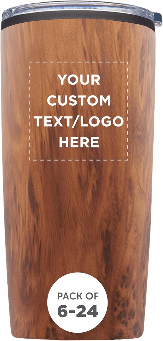 Custom Plastic Tumblers 20 oz Set of 6/12/24 Personalized Bulk Pack with Lids, Ice Coffee Tumbler, To Go Cup Insulated - Wood