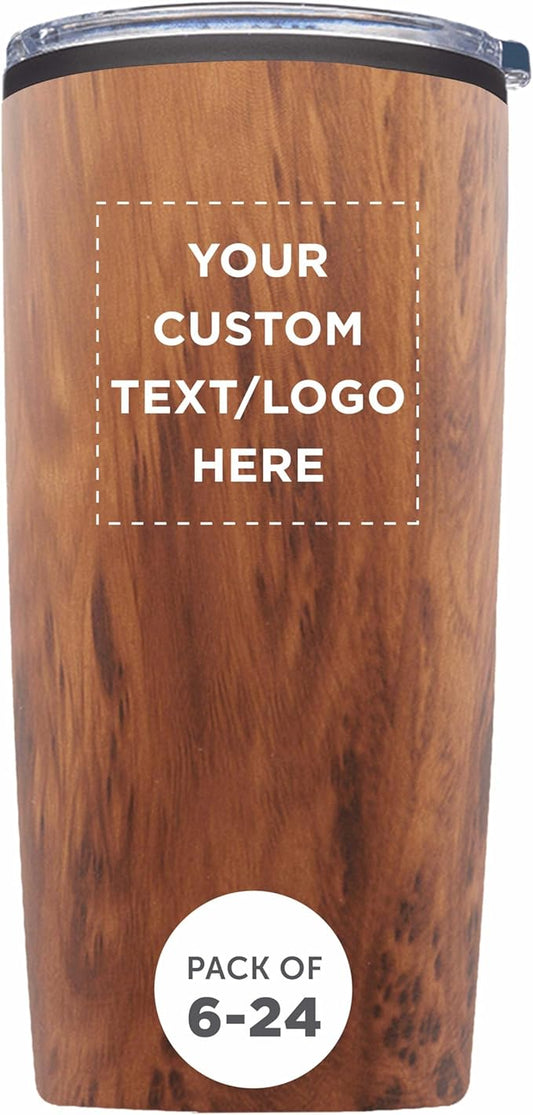 Custom Plastic Tumblers 20 oz Set of 6/12/24 Personalized Bulk Pack with Lids, Ice Coffee Tumbler, To Go Cup Insulated - Wood