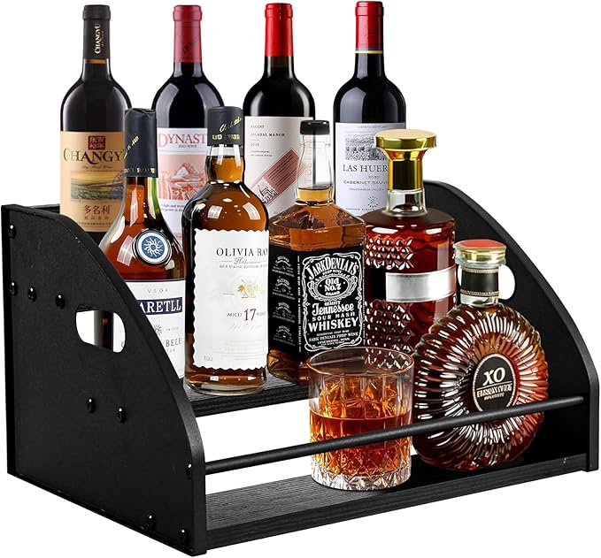Premium Metal Design - Strong Liquor Bottle Display Shelf, 3 Steps Extra Large Rustic Mini Bar, Countertop Coffee Syrup Organizer with Handles, Ideal Gift for Dad & Liquor Enthusiasts