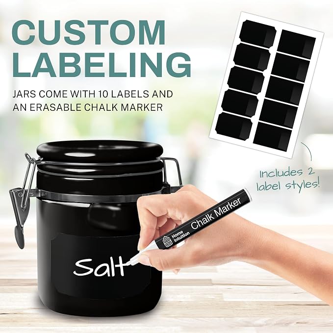 Home Intuition 4-Piece Ceramic Kitchen Canisters Set, Airtight Containers with Wooden Spoons Reusable Chalk Labels and Marker for Sugar, Coffee, Flour, Tea (Black) - Image 2