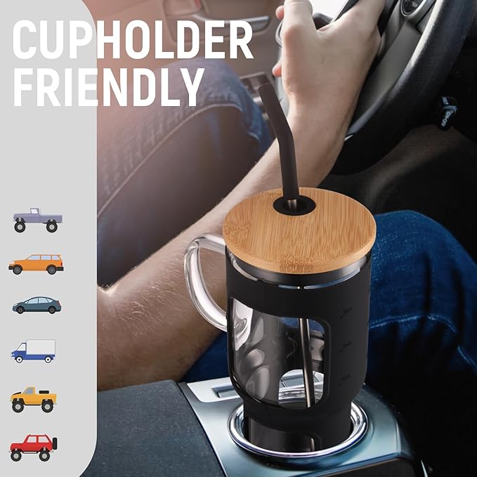 COMOOO 40oz Glass Tumbler with Bamboo Lid and Straw, Glass Water Cup with Handle, Iced Coffee Drinking Cup with Silicone Sleeve, Glass Tumbler Dishwasher Safe, Cup Holder Friendly, Black