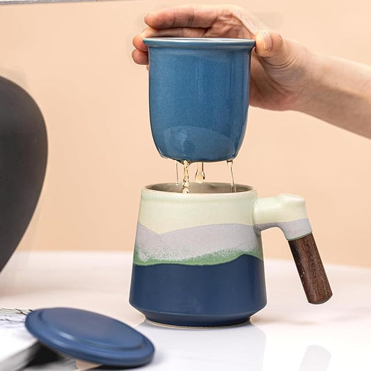 Ceramic Tea Mug with Infuser & Lid, 15oz Kiln-Transformed Unique Cup – Nature's Artisan Design, Loose Leaf Tea Cup with Infuser, Insulated Ceramic Coffee Mugs with Lid, Gift for Women/Men