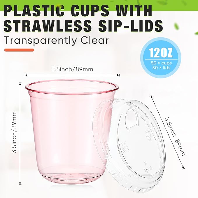 Ziliny 50 Sets Clear Plastic Coffee Cups with Sip Lids, Disposable Plastic PET Crystal Cups for Iced Coffee, Smoothie, Cold Beverage, Drink Shops and Party Catering(Clear Pink,12 oz) - Image 3