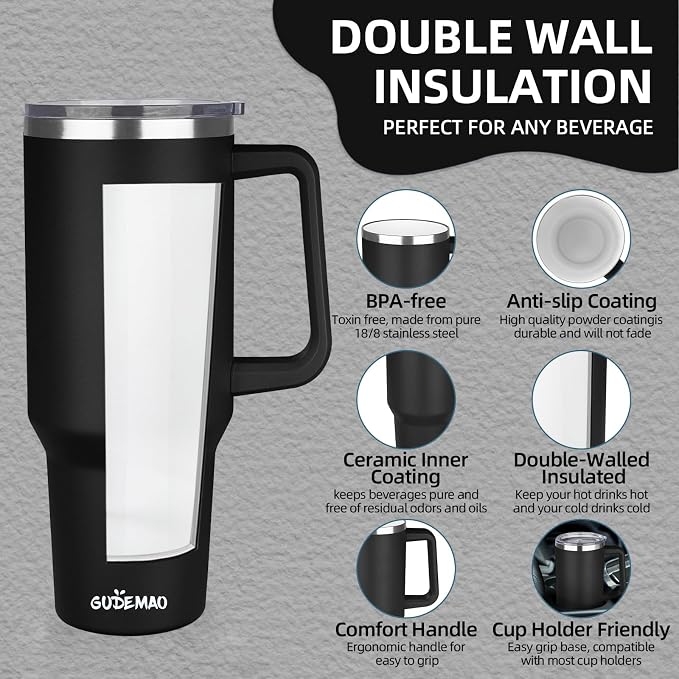 40 oz Insulated Coffee Mug with Ceramic Coating, Stainless Steel Travel Coffee Tumbler with Handle Lid and Straw, Double Wall Leak-Proof Coffee Travel Mug Keeps Drink Hot and Cold (Black) - Image 3