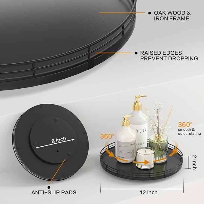 Oroyutor 12-Inch Oak Lazy Susan Vanity Tray, Black Finish | Rotating oak tray organizes spices, toiletries and decor on kitchen counters, bathroom vanities, dining and coffee tables. - Image 6