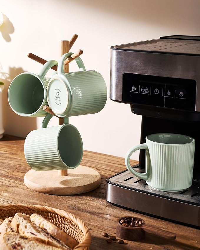 famiware Coffee Mug Set for 4, Star 12 oz Catering Mugs Cup Set with Handle for Coffee, Tea, Cocoa, Milk- Ceramic Stoneware Drinkware Set, Light Green - Image 4