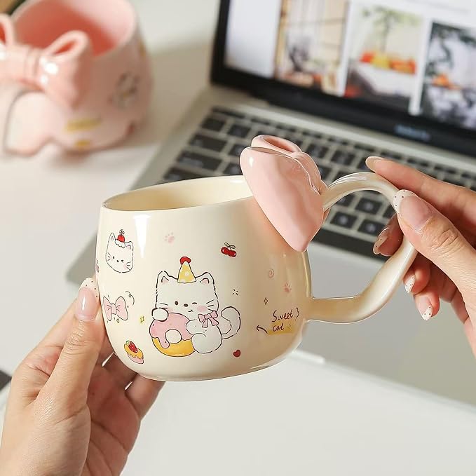 DTIUYIOP-Kawaii White Cute Cat Ceramic Coffee Mug with 3D Pink Bow & Bow Spoon, Curved Large Handle Kitty Tea Cup, Cute Aesthetic Gift for Girls Women Cat Lovers Birthday Christmas - Image 2
