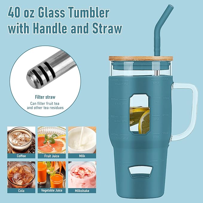 Glass Cups with Handle and Bamboo Lids - 40oz Tumbler with Stainless Steel Straw | Glass Water Bottle with Silicone Sleeve for Coffee, Smoothi, Hot, Cold Drinks for Travel/Office/Home (Dark Blue)