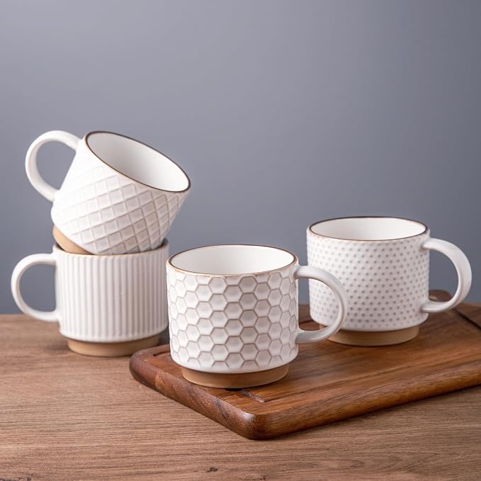 GBHOME 12OZ Stackable Coffee Mugs, Ceramic Coffee Mugs with Texture Patterns for Man,Woman,Dad,Mom, Modern Coffee Mugs Set of 4 for Latte/Cappuccino/Cocoa. Dishwasher&Microwave Safe, Off White | 4 Assorted Designs, Embossed Mugs with Texture Patterns f... by GBhome