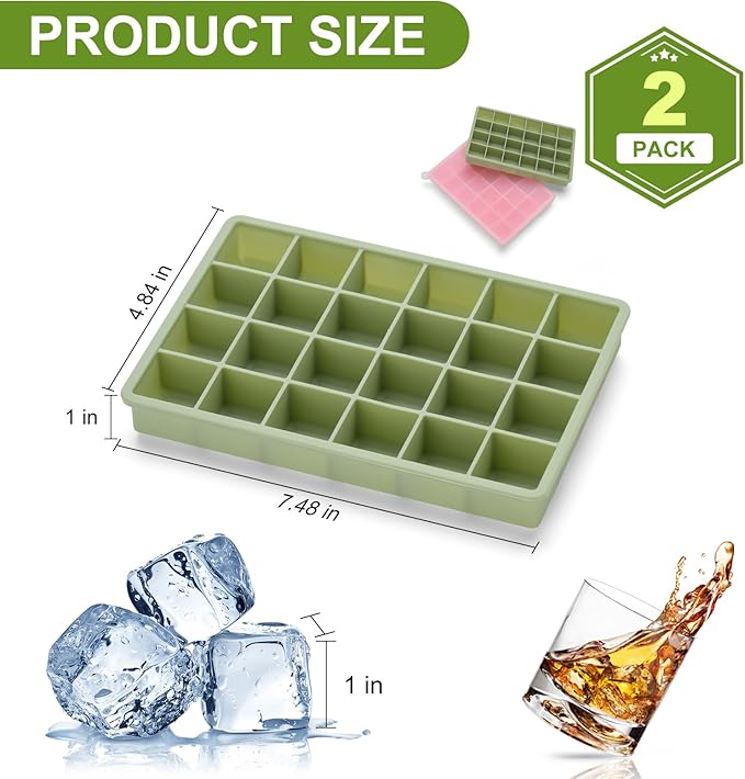 Silicone Ice Cube Tray, Easy Release Flexible Ice Cube Tray with Removable Lid, 24 Ice Cub Per Tray for Whiskey, Freezer, Cocktail, Reusable & BPA Free (Pink+Green)