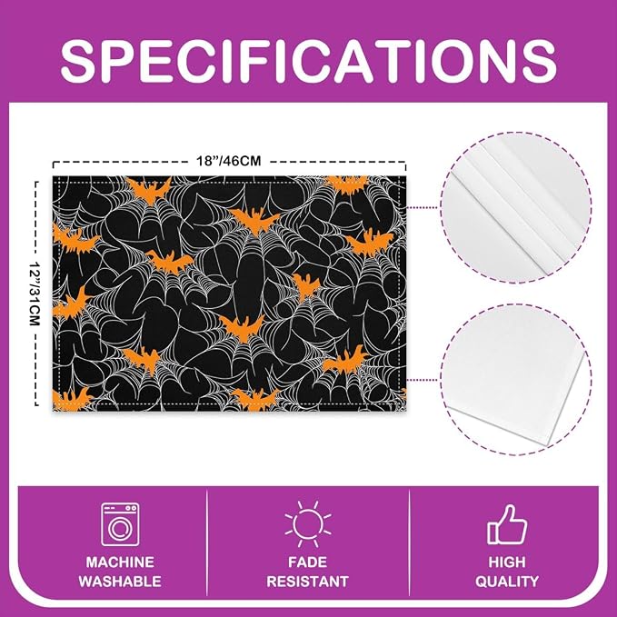 Feelyou Happy Halloween Placemats Set of 4 Spider Web Table Mats for Party Kitchen Dining Decoration Deep Black Orange Place Mat for Table Holiday Decor Indoor Outdoor 18"x12" Non-Slip Bats Pattern - Image 4