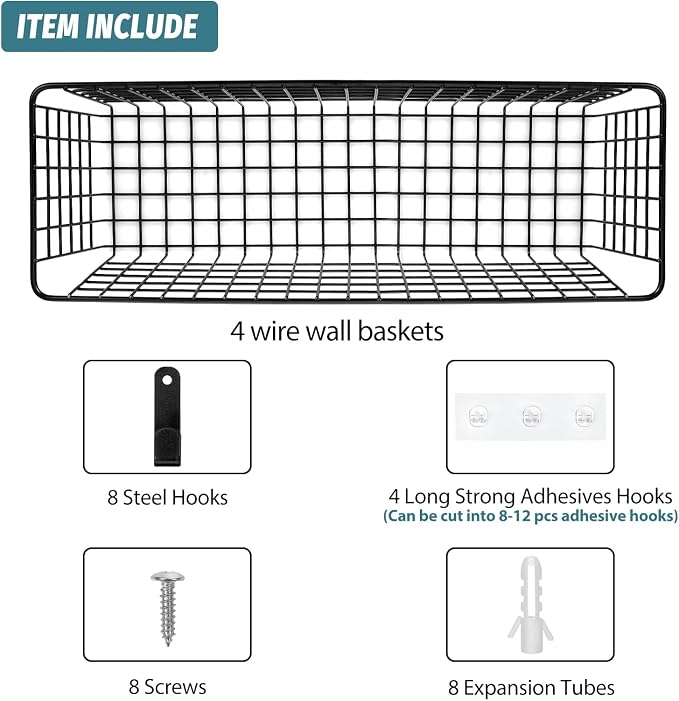 4 Set [EXTRA LARGE] Hanging Wall Mount Storage Baskets with Adhesive Hooks & Steel Hooks, Multiuse Sturdy Wire Metal Organizing Baskets for Home Kitchen Bathroom Pantry Utility Organizer, Black - Image 3