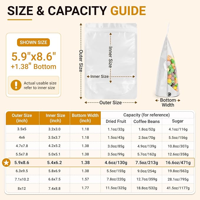 ANZNKU 100PCS Mylar Bags Resealable Small Smell Proof Bags(White, 5.9x8.6) | Stand Up Foil Pouches Clear Window, Sealable Bags for Small Business Packaging Snack Party Favors Candy Treats Food Storage - Image 2