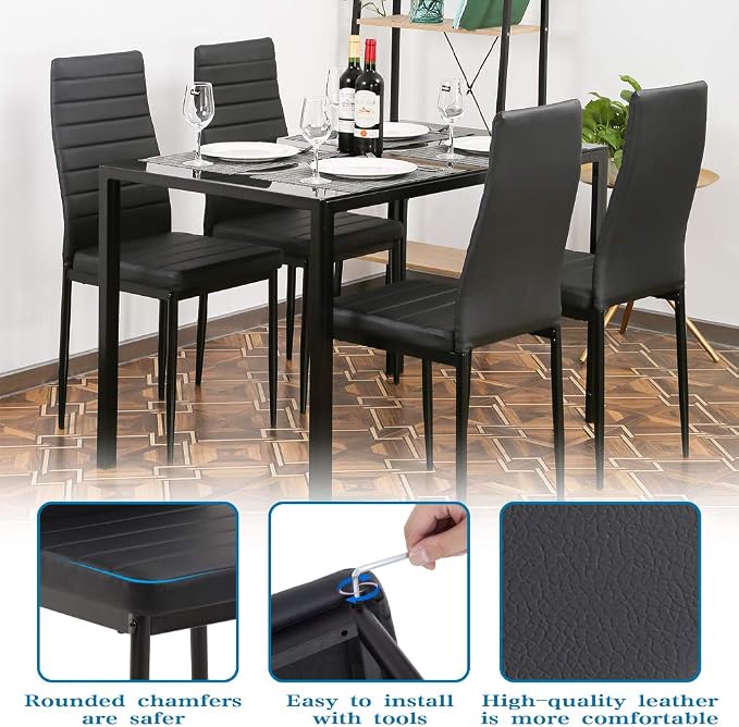 FDW | 5-Piece Dining Table Set | Black | Glass Kitchen Table | With 4 Upholstered Chairs and Faux Leather Cushions | Space-Saving and Modern Design | Easy to Assemble | for Dining Room - Image 4