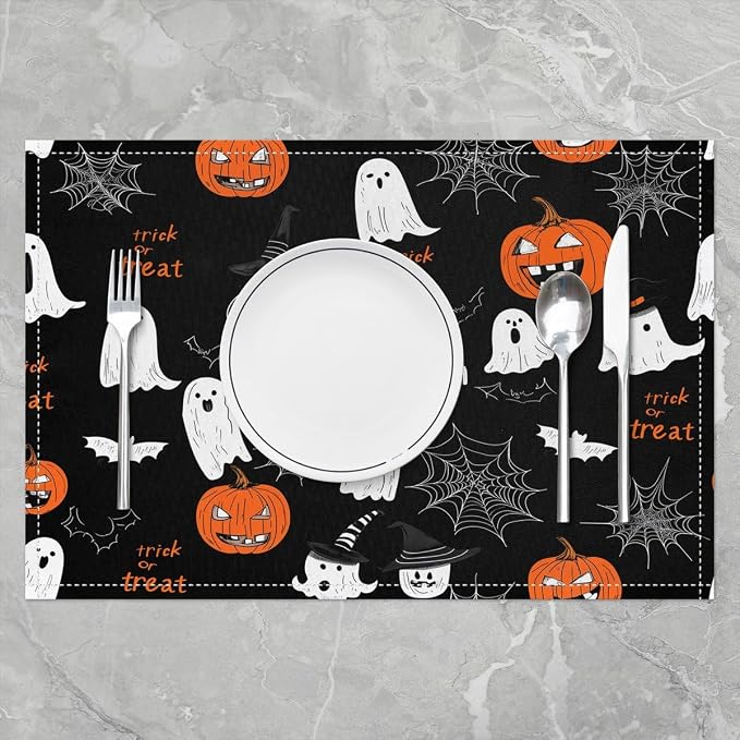 Feelyou Happy Halloween Placemats Set of 4 Ghost Pumpkin Table Mats for Party Kitchen Dining Decoration Holiday Seasonal White Black Orange Place Mat for Dinner Table Indoor Outdoor 18"x12" Cobweb - Image 2