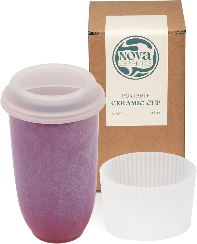 NOVA CERAMICS Coffee Travel Mug – Cup Holder Friendly Travel Mug– Microwave & Dishwasher Safe White & Purple Tumbler - Coffee Mug Fits In Cup Holder – 16oz – Astral Bloom by NovaCeramics
