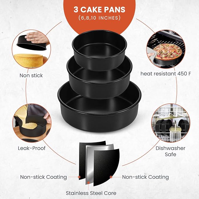 RFAQK Round Cake Pan Set of 3 Non-stick Cheesecake Pan, Leakproof Cake Pans Sets for Baking Includes 3 Round Cake Pans (6" 8" 10") with 60Pcs Parchment Paper Liners, Black - Image 3