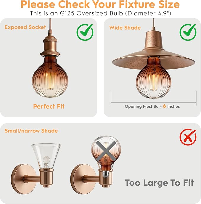 G125 Edison LED Bulb,4W Dim E26,2200K Gradient Brown Striated Glass | Large Globe Decorative Light Bulbs, Warm Ambient Glow, Dim, Match Lamps For Restaurant, Bar & Household Living Space - Image 3