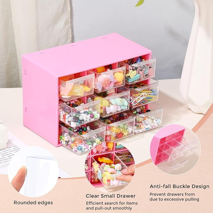 Marsui 4 Pack Desktop Storage Organizer with 9 Drawers Craft Organizer with Mini Drawers Plastic Organizers and Storage Containers for Craft Art Jewelry Cosmetics Sewing Supplies Accessory(Rose Pink)