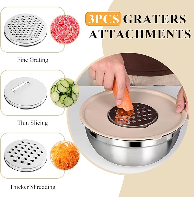 Mixing Bowls with Airtight Lids Set, 20 PCS Kitchen Gadgets Set, 6 Stainless Steel Bowls,3 Grater Attachments,Non-Slip Silicone Bottoms,Great for Serving&Baking,Size 5, 4, 3.5, 2.1, 1.5, 1.1QT (Khaki) - Image 3