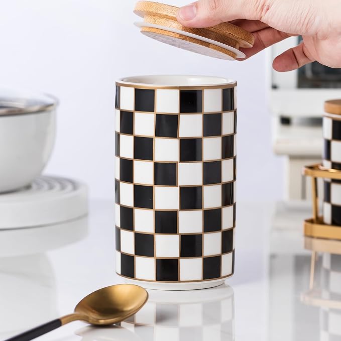 Kitchen Countertop Ceramic Checkered Canisters,Black And White Food Storage Containers With Lid,Airtight Kitchen Canisters for Flour, Sugar, Coffee, Tea, and Dry Goods (Black, Large) by XYQXYQ