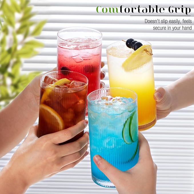 Drinking Water Glass Cups Set,Crystal Clear ribbed Glass set of 8,17oz&12oz | Unique Design Vintage Cocktail Glass, Tall Glass Cups Ideal for Ice Coffee Cup, Whiskey, Mixed Drinkware - Image 7