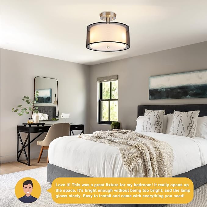 FOLKSMATE Semi Flush Mount Ceiling Light Fixture, 3-Light Drum Light with Double Fabric Shade, Modern Black Close to Ceiling Lighting for Living Room, Bedroom, Dining Room, Kitchen, Hallway, Entry - Image 4