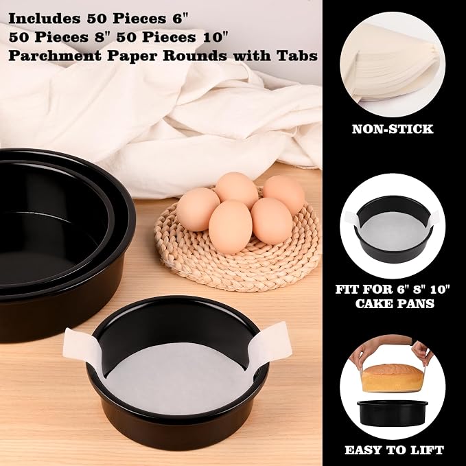HUAKENER 3 Pack Round Cake Pans, Carbon Steel Pan with Parchment Paper | 6" 8" 10 Inch Circle Cake Pan with 150 Pieces Parchment Paper, Non-stick Cake Baking Pans, Dishwasher Safe - Image 4