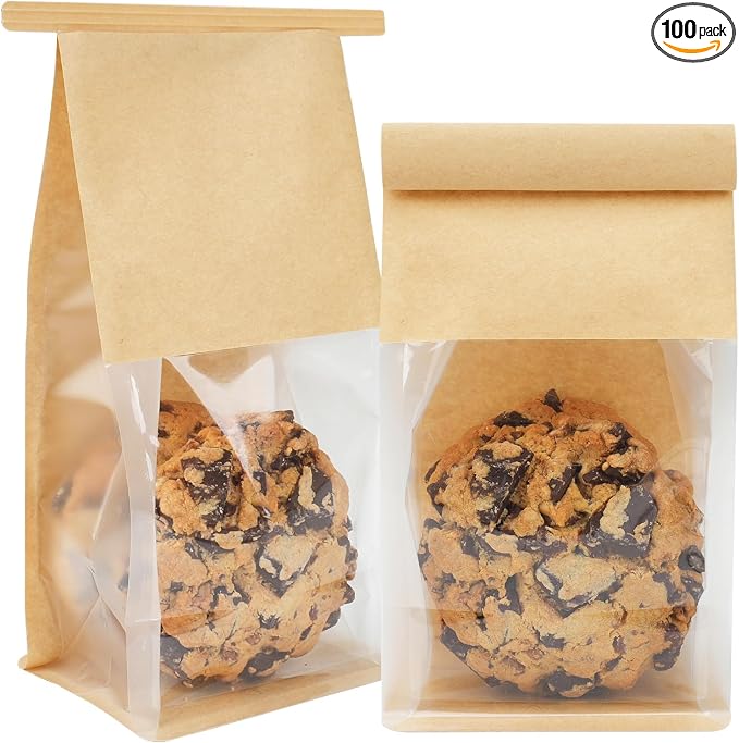 100 Pack Cookie Packaging Bags, 3.9x3.1x8.2 Inches Small Bakery Bags with Window Tin Tie Tab Lock Resealable Paper Treat Bag for Baked Goods Gift Giving and Bake Sale | Thick Material by Foranda
