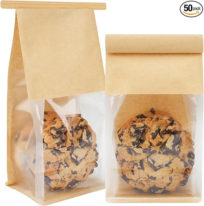 50 Pack Cookie Packaging Bags, 3.9x3.1x8.2 Inches Small Bakery Bags with Window Tin Tie Tab Lock Resealable Paper Treat Bag for Baked Goods Gift Giving and Bake Sale | Thick Material by Foranda