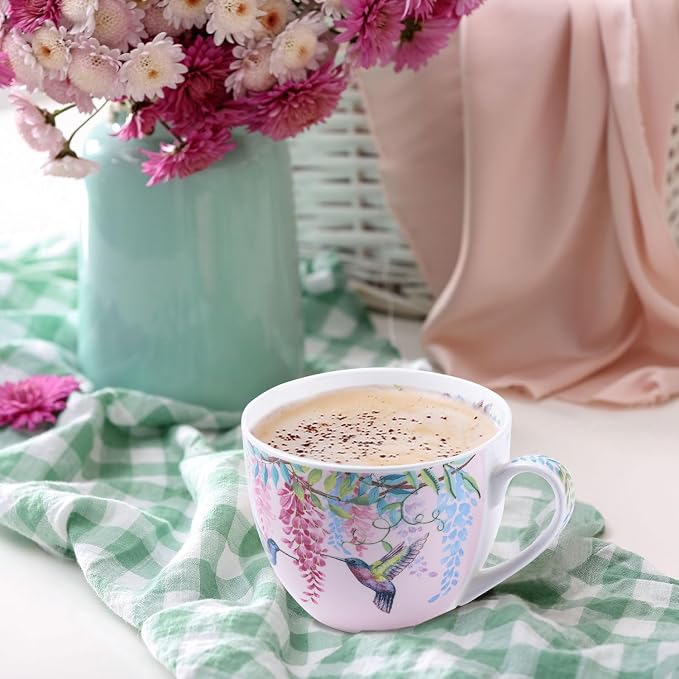 Spring Hummingbird Hug Mug - 20oz Pink Bone China Coffee Tea Mug with Floral Vine & Fluttering Hummingbirds, Thoughtful Gifts for Mom Women Mothers Day, Designed in England by Harvest Green Studio - Image 6