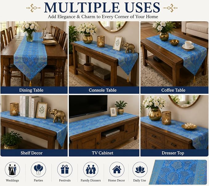 Indian Traditional Decorative Silk Table Runner Kitchen Dining Good Luck Table Cloth for Wedding Bridal Birthday Party Decorations 72x14 Inches Turquoise Color - Image 3
