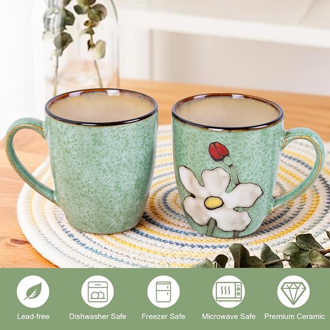 12oz Coffee Mugs Set of 4, Hand-Painted Floral Stoneware Cups with Handle, Dishwasher Microwave Oven Safe, Cappuccino Mugs for Latte, Tea, Espresso & Hot Cocoa, for Home Kitchen & Cafe, Green - Image 4