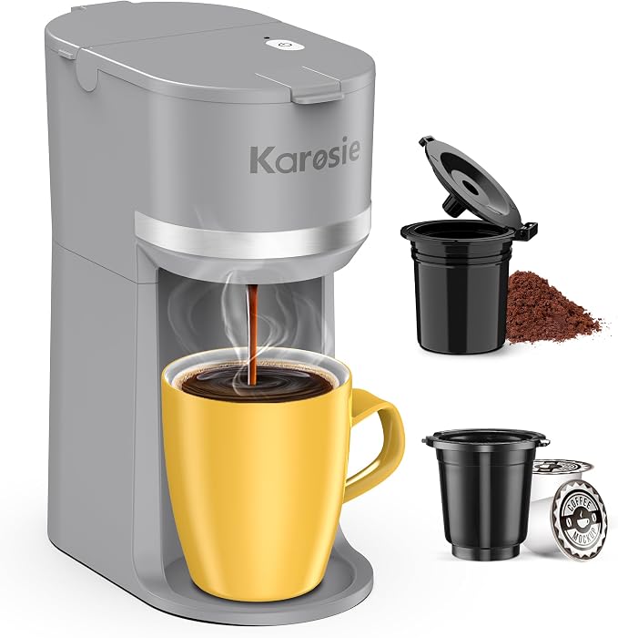 Single Serve Coffee Maker for K-Cup and Ground Coffee, Fast Brew, 6-12 oz Brew Sizes One Cup Coffee Machine Fits 5.5" Mugs, One-Button Small Coffee Maker with Descaling Reminder,Grey by Karosie