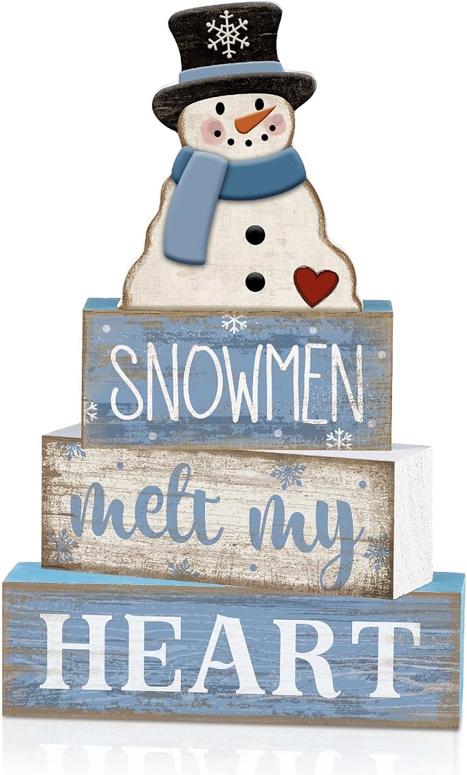 Moucuny 4 Pcs Winter Table Decorations Blue and White Snowman Decor Winter Tiered Tray Decor Valentines Day Centerpiece Rustic Decorative Hat Snowman Block Signs Gift Farmhouse for Home Kitchen Shelf by Moucuny