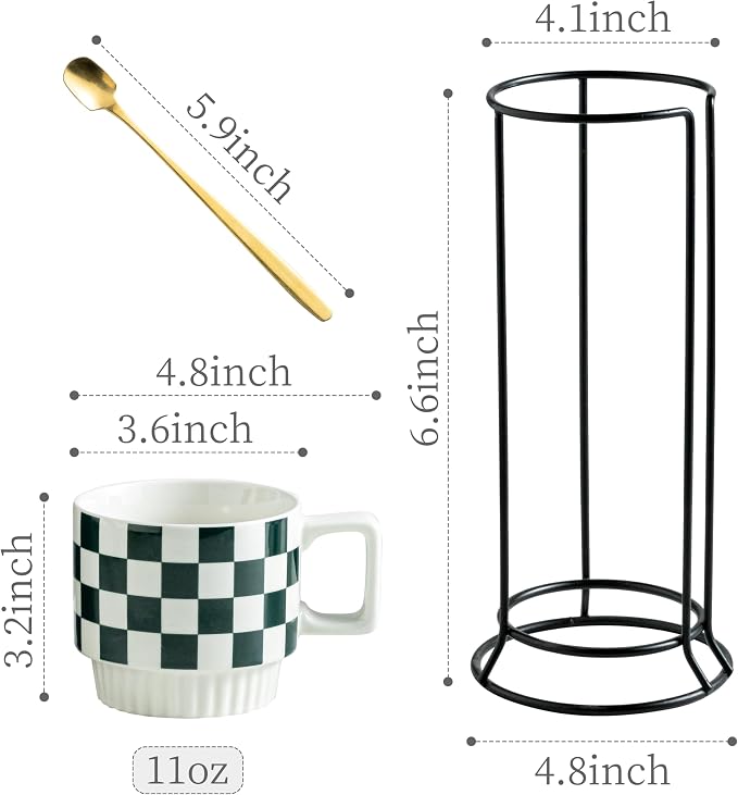 Miamolo Coffee Mugs with Stand and Spoons, Stacking Space-saving | 11oz, Set of 4 | Checkered Coffee Mug with Rack | Housewarming Birthday Gift | Dishwasher Safe | for Home Kitchen Office - Image 2