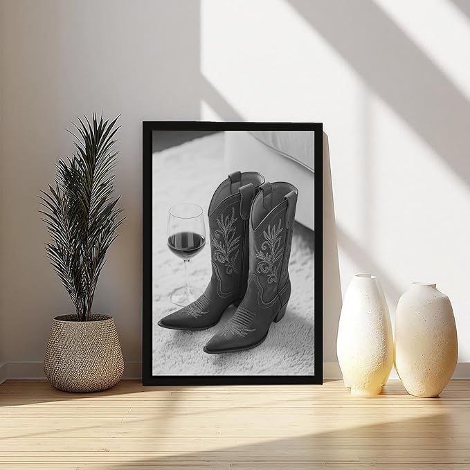 UXCBIA Cowboy Boots And Red Wine, Western Aesthetic, Black And White, Modern Fashion Poster Canvas Poster Bedroom Decor Sports Landscape Office Room Decor Gift Black Frame 24x36in(60x90cm) - Image 6