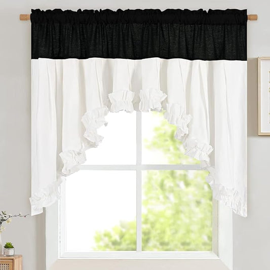 Likiyol Linen Swag Curtains Farmhouse Ruffle Valances for Windows Rustic Country Window Valances Light Filtering Kitchen Curtains Rod Pocket Valance for Bathroom Cafe, Black White, 60" W x 36" L by Likiyol
